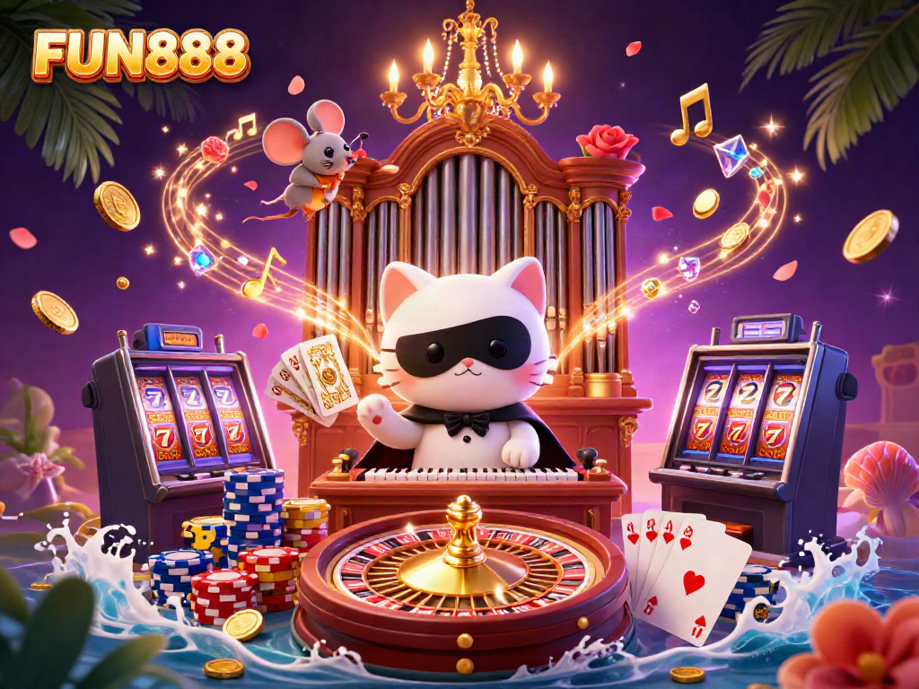Spin, win, and celebrate with FUN888 in an energetic casino scene illustrated with vibrant characters and gaming elements.