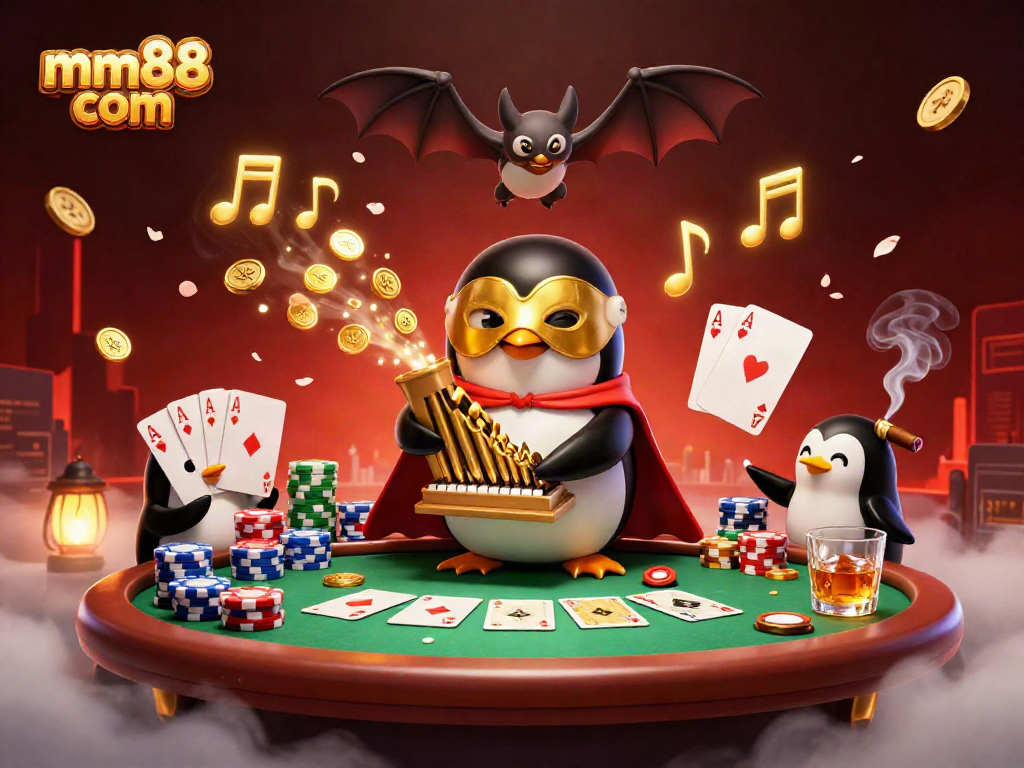 Experience thrilling gameplay with mm88 com as a 3D cartoon penguin performs on a golden organ amidst vibrant casino elements.