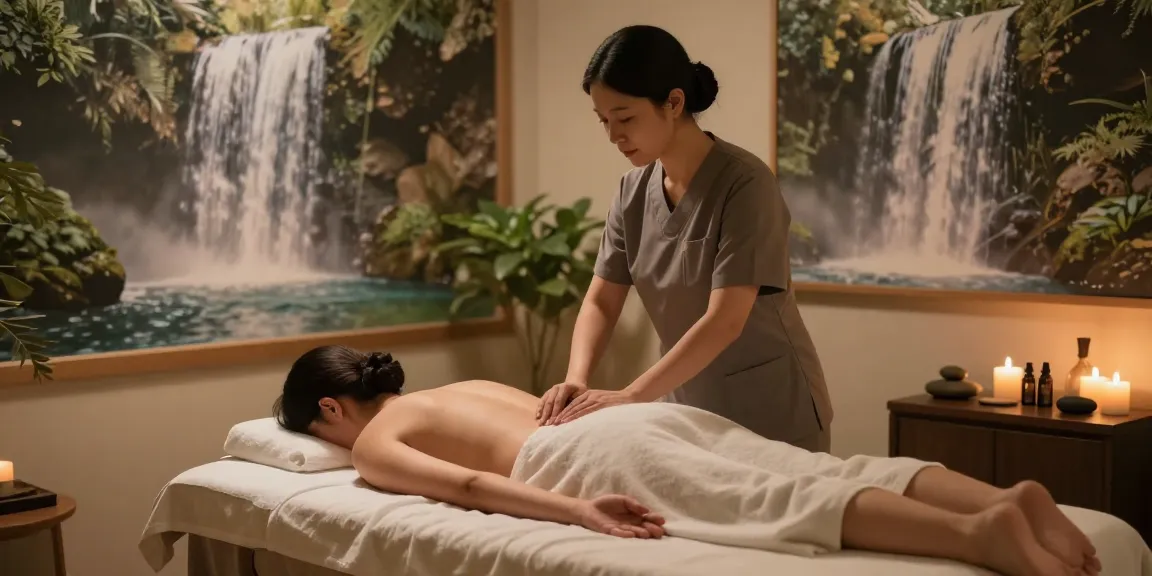 Professional therapist providing 마포출장마사지 in a serene studio with calming decor and soft lighting.