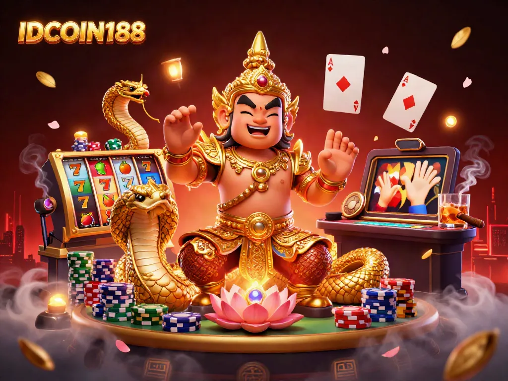 Experience thrilling gaming at IDCOIN188 with vibrant slot reels and lively casino ambiance.