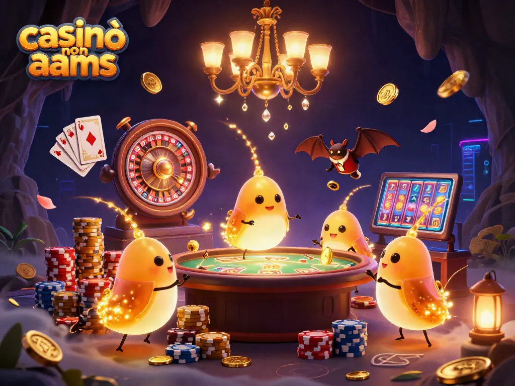 Illustrazione vivace di casinò non aams con lucciole che illuminano i tavoli da gioco e un dealer pipistrello.