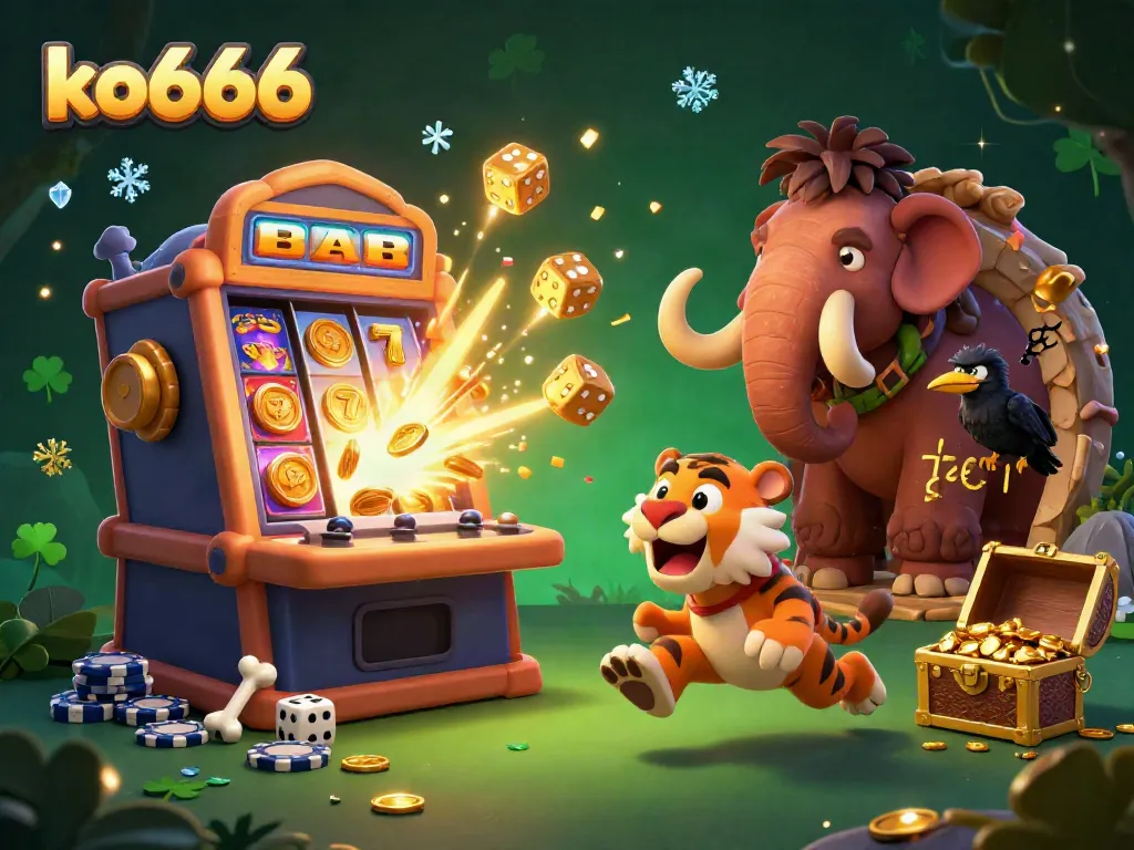 Experience the excitement at ko666 with a thrilling casino scene of cavemen and a tiger.