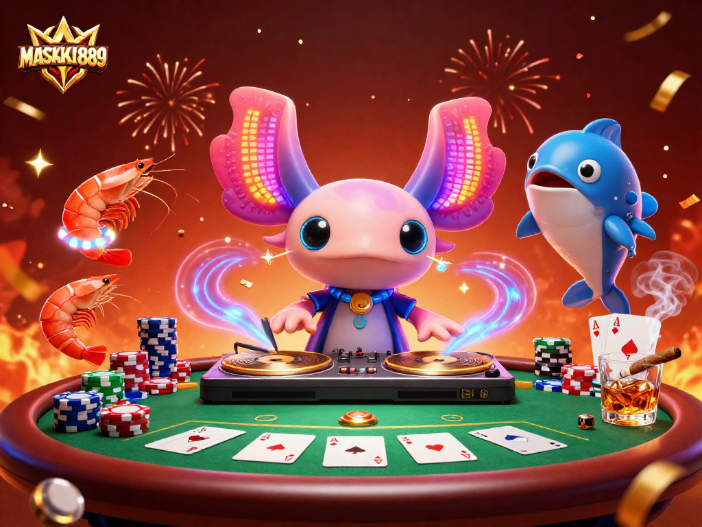 Experience the exciting MASKOKI889 gaming world with a lively casino scene featuring unique characters.