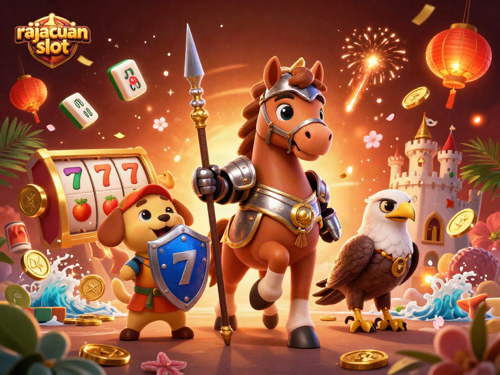 Experience the rajacuan slot in a lively 3D scene featuring a knight and playful characters, vibrant and festive elements.