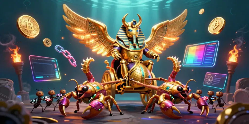 Engage in thrilling gameplay with au88, featuring a vibrant 3D scene complete with a golden scarab and casino tokens.