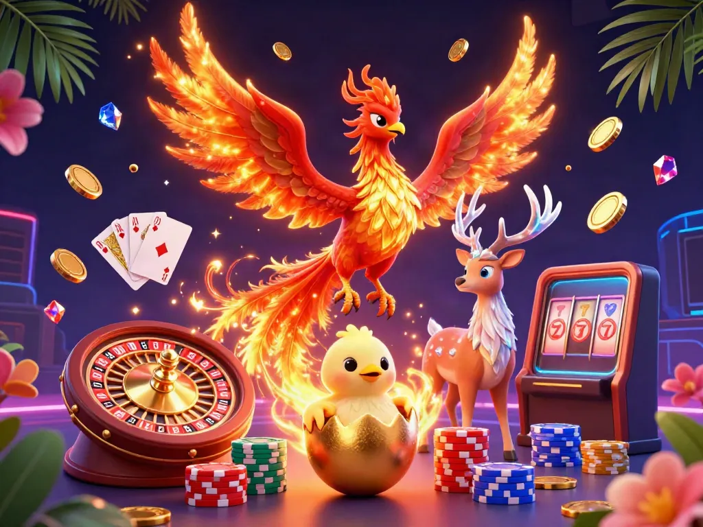 Experience excitement at the Man club with a vibrant 3D casino scene illustrating a phoenix and rich gambling elements.