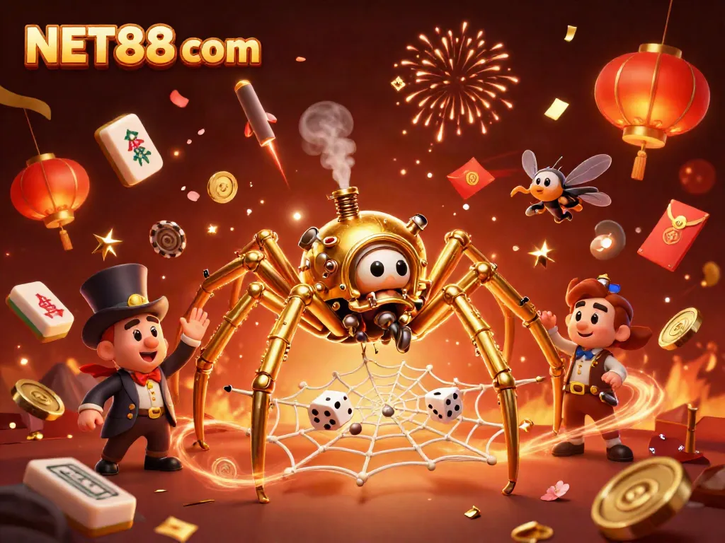 Experience thrilling action at NET88 com with a steampunk spider and festive casino elements.