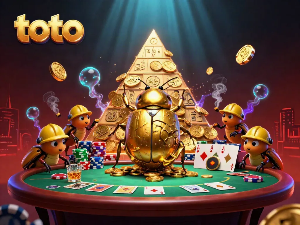 Experience thrilling toto gameplay with golden beetles, poker chips, and casino symbols in highly detailed illustration.