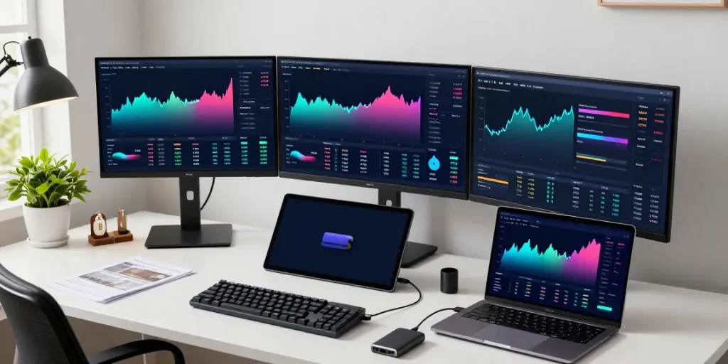 CryptoDenisNFT trading workspace with monitors showing Bitcoin and Ethereum charts, hardware wallet, and digital wallet app.