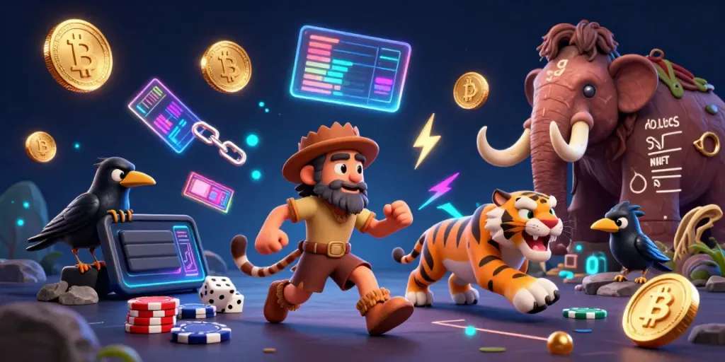 Experience the dynamic prehistoric casino scene of AE888 com with a caveman and a sabertooth tiger overseeing poker rolls in 3D.