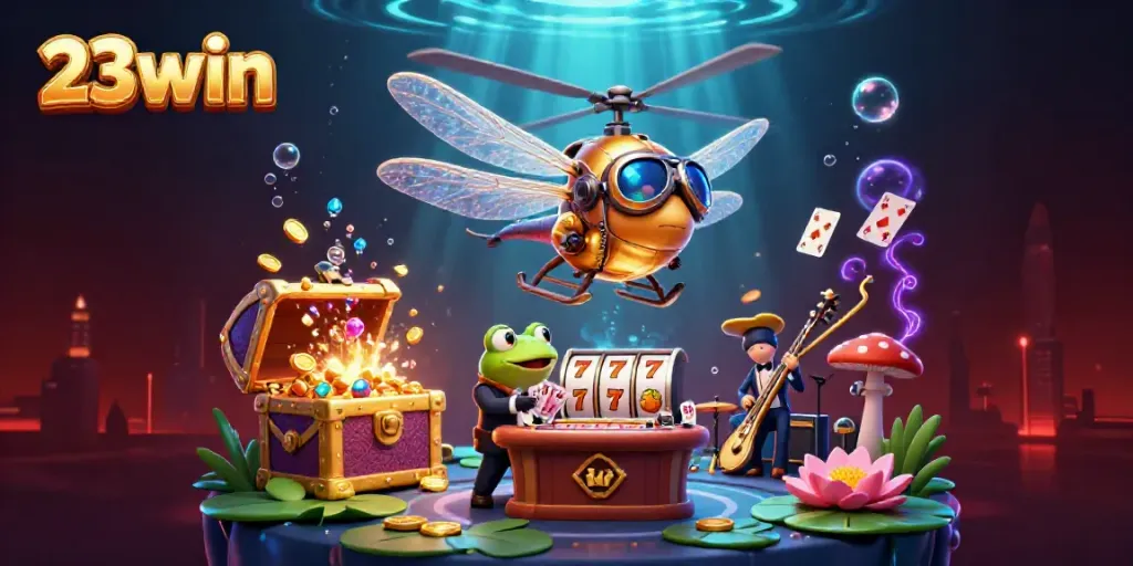 Experience the thrill of 23win with a vibrant, dynamic casino illustration featuring iconic game elements.