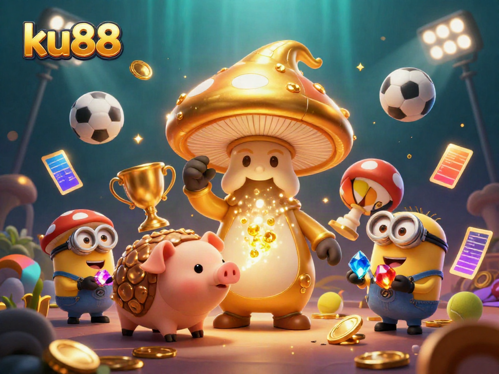 Engage with ku88's magic, featuring a golden wizard, treasure pig, and lively sports elements in an enchanting casino scene.