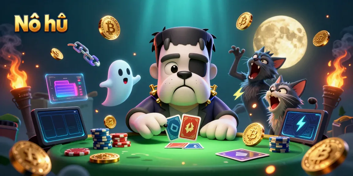 Engage in Nổ hũ gameplay with a vibrant scene featuring a Frankenstein bulldog dealer and ghostly elements.