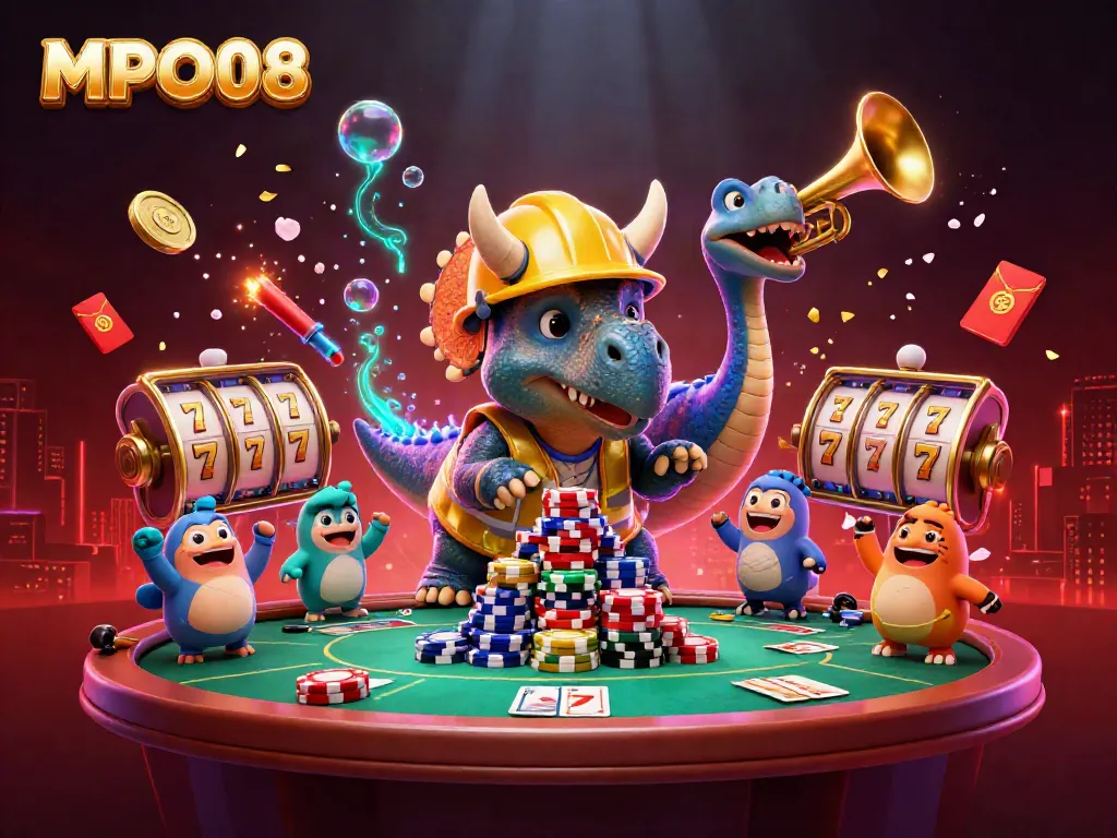 Build excitement with MPO08 as dinosaurs celebrate alongside poker chips and casino elements.