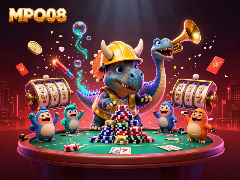 Build excitement with MPO08 as dinosaurs celebrate alongside poker chips and casino elements.