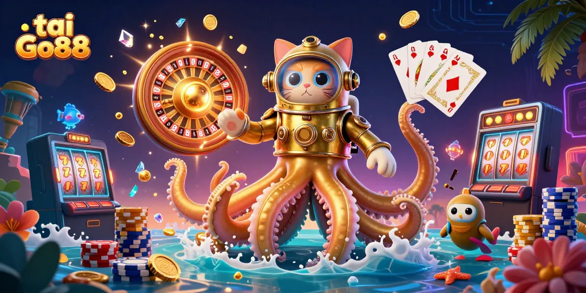 Engage with the ultimate tai Go88 gaming experience, featuring a thrilling underwater adventure with kraken and diving cat.