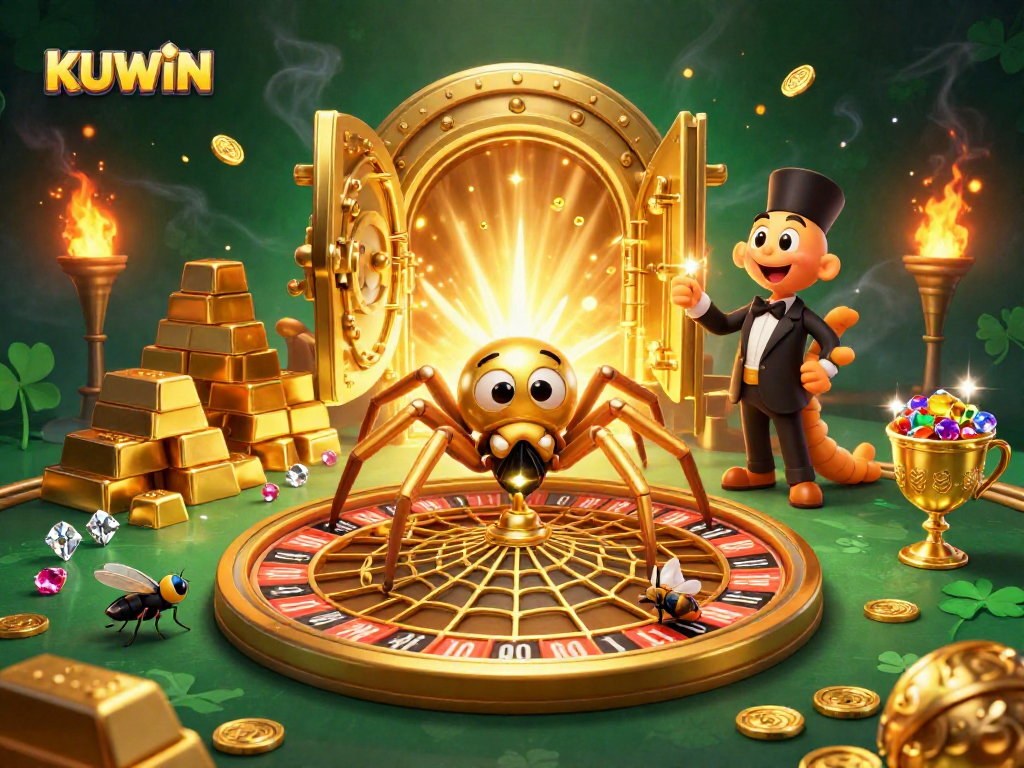 KUWIN engages gamblers with a golden spider casino scene featuring a roulette wheel and vibrant treasures.