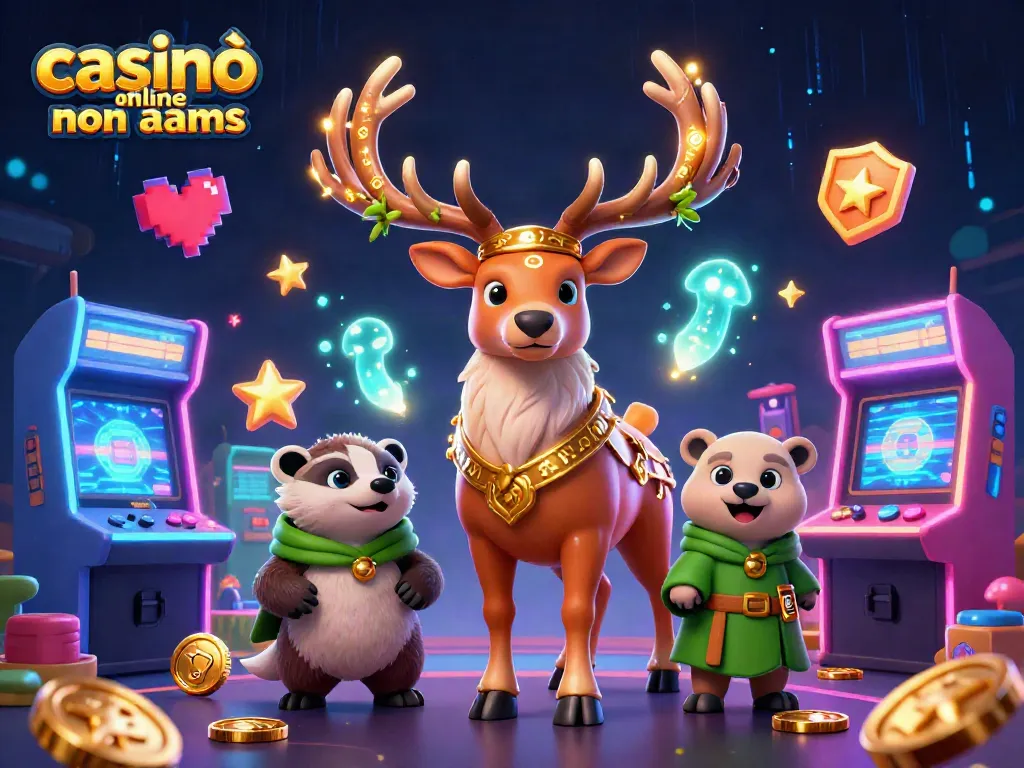 Immagine evocativa di casinò online non AAMS con un cervo druidico e un tasso saggio, circondati da macchine da gioco 3D.