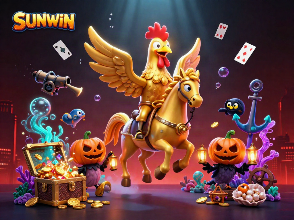 Engage in thrilling gameplay at SUNWIN's vibrant casino, featuring captivating golden rooster characters and shimmering treasures.
