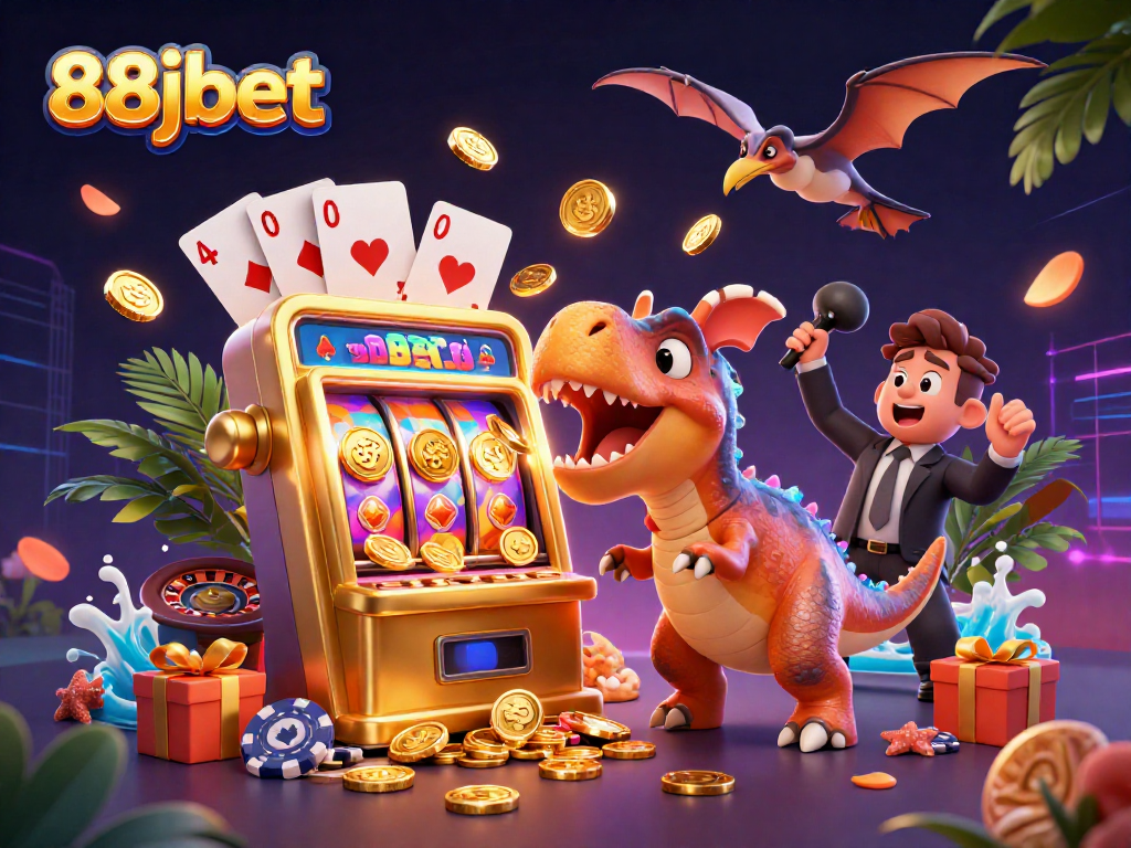 88jbet celebrates a jackpot moment with colorful coins and a dynamic casino scene.