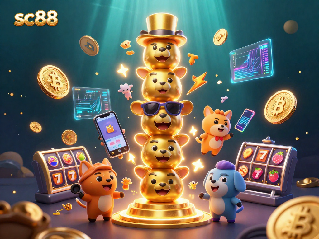Experience thrilling gameplay at sc88 with vibrant slot reels, crypto coins, and animated characters.