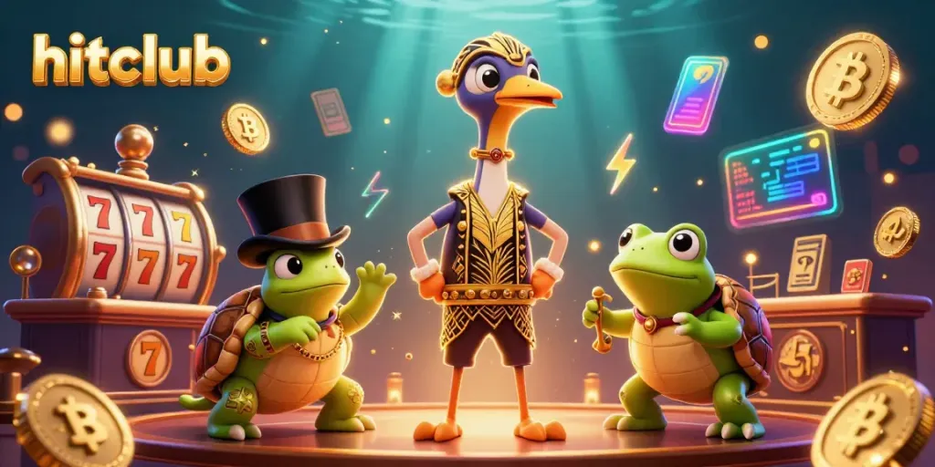 Experience thrilling wins at hitclub with vibrant slot reels and charming characters in a dazzling 3D scene.