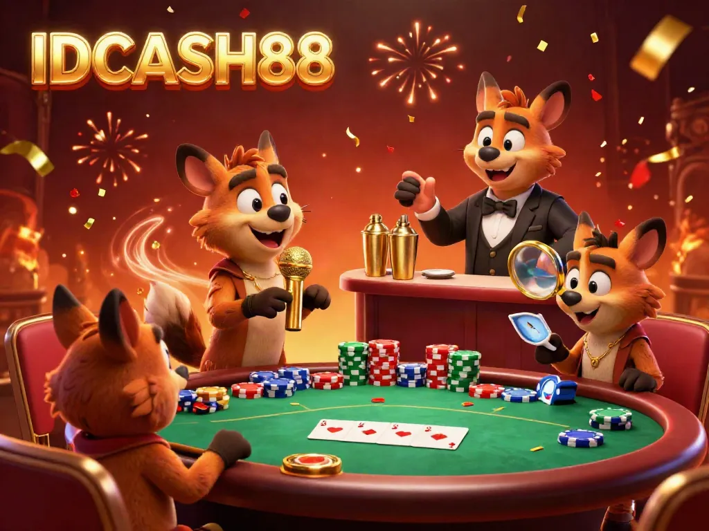Experience the lively atmosphere of IDCASH88 with hyenas entertaining at a vibrant casino scene.