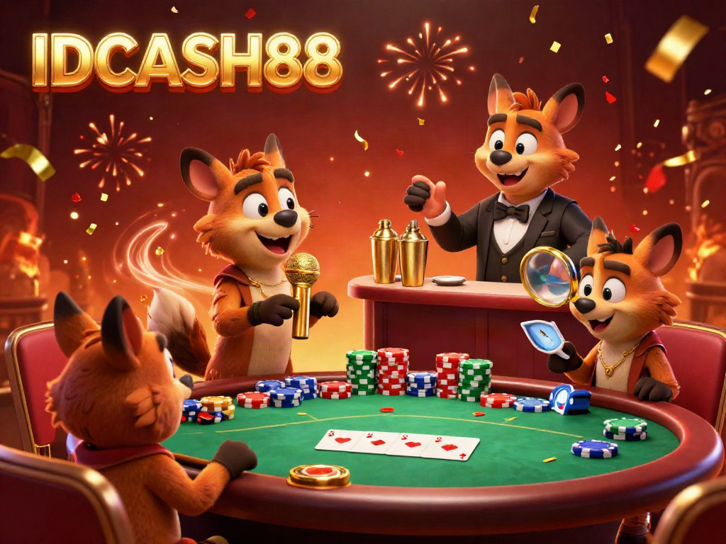 Experience the lively atmosphere of IDCASH88 with hyenas entertaining at a vibrant casino scene.
