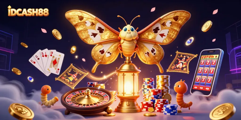Experience immersive gaming with IDCASH88's vibrant 3D casino scene featuring golden wings and exciting game elements.
