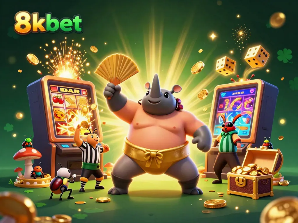 Experience thrilling gaming with 8xbet's dynamic casino scene featuring a sumo champion beetle.