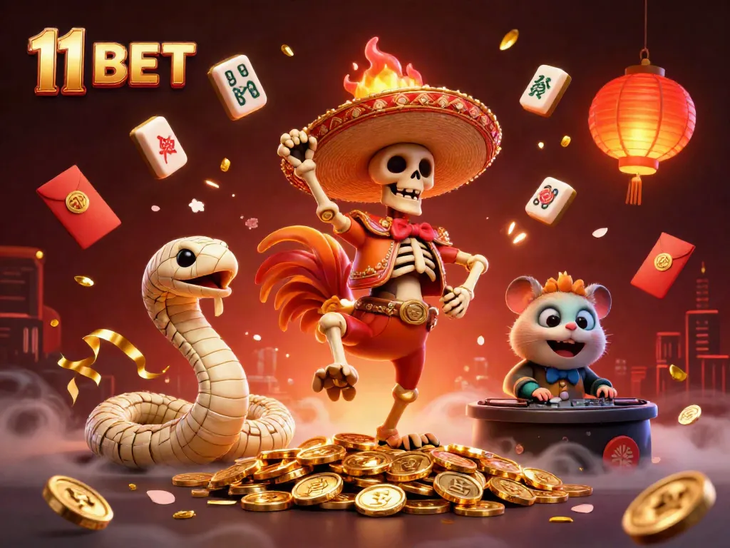 Celebrate big wins with 11 BET, featuring vibrant 3D characters in a casino scene.