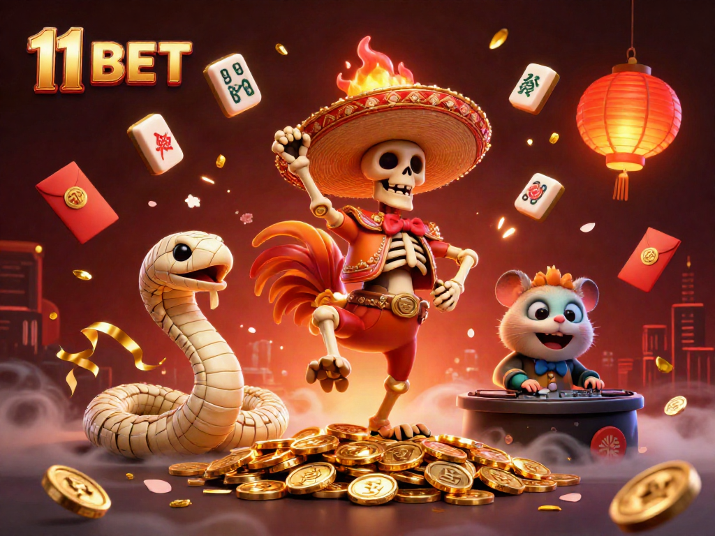 Celebrate big wins with 11 BET, featuring vibrant 3D characters in a casino scene.