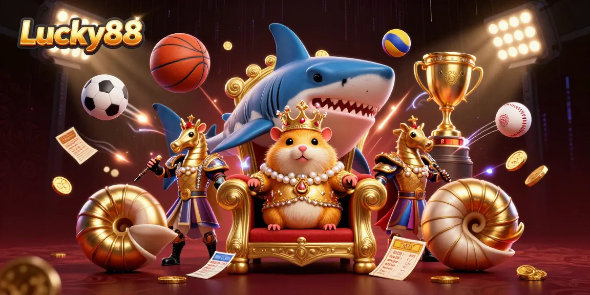 Engage with exciting Lucky88 sports betting visuals featuring a golden hamster king and vibrant elements.