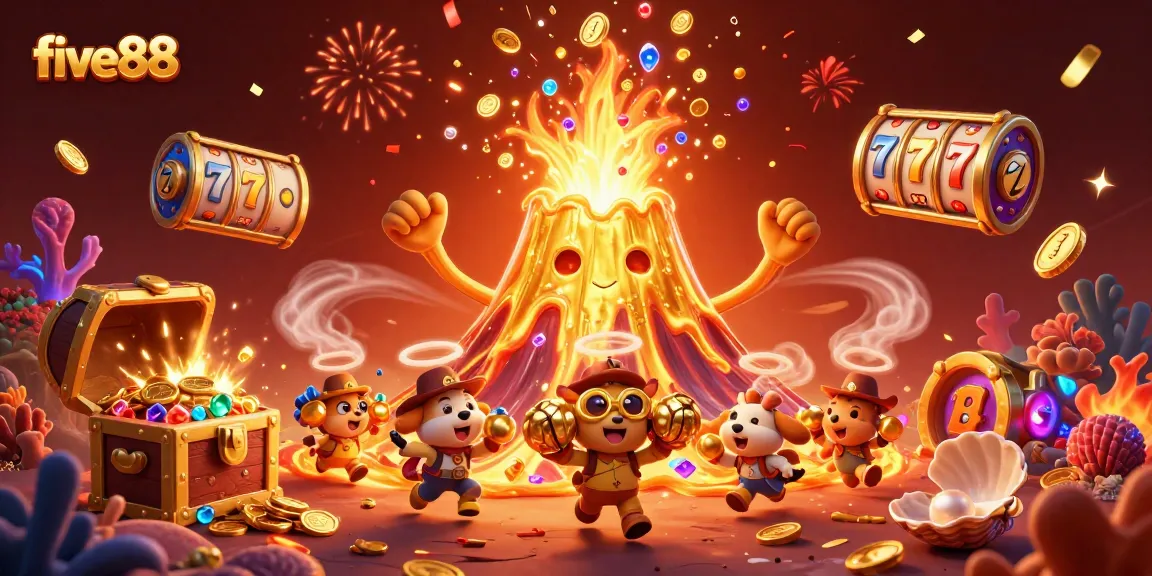 Win big at five88 with animated golden volcano erupting coins and joyful characters!
