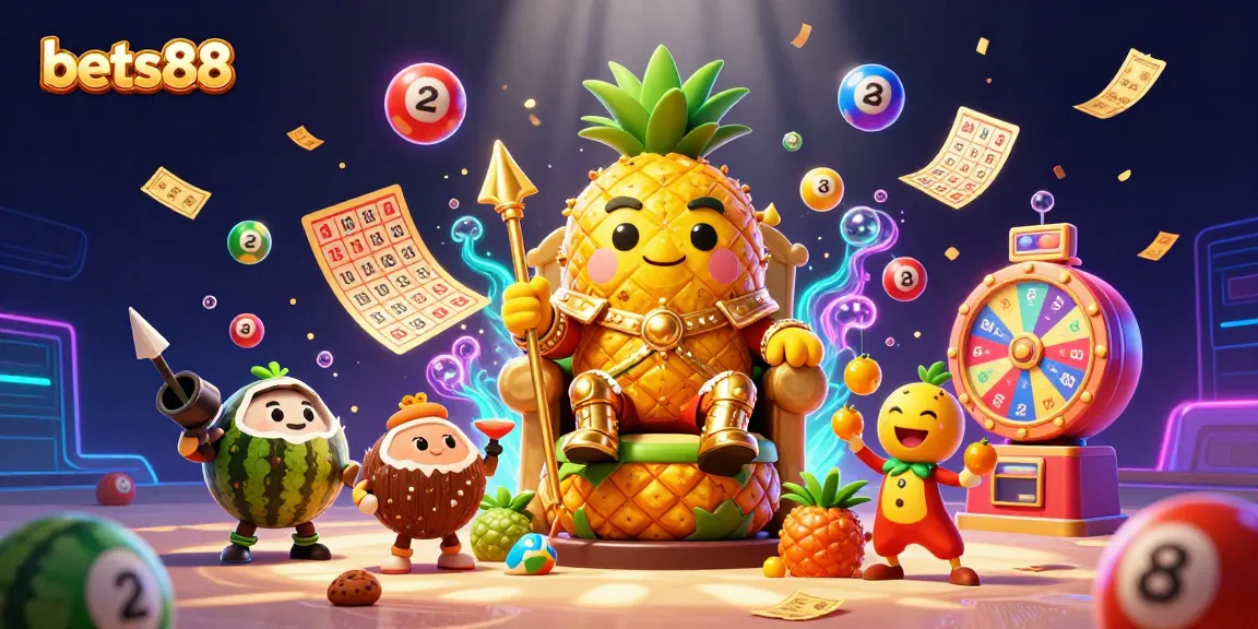 A vivid scene showcasing the bets88 online casino, featuring a golden pineapple king, with energetic game elements surrounding him, enhancing the gambling excitement.
