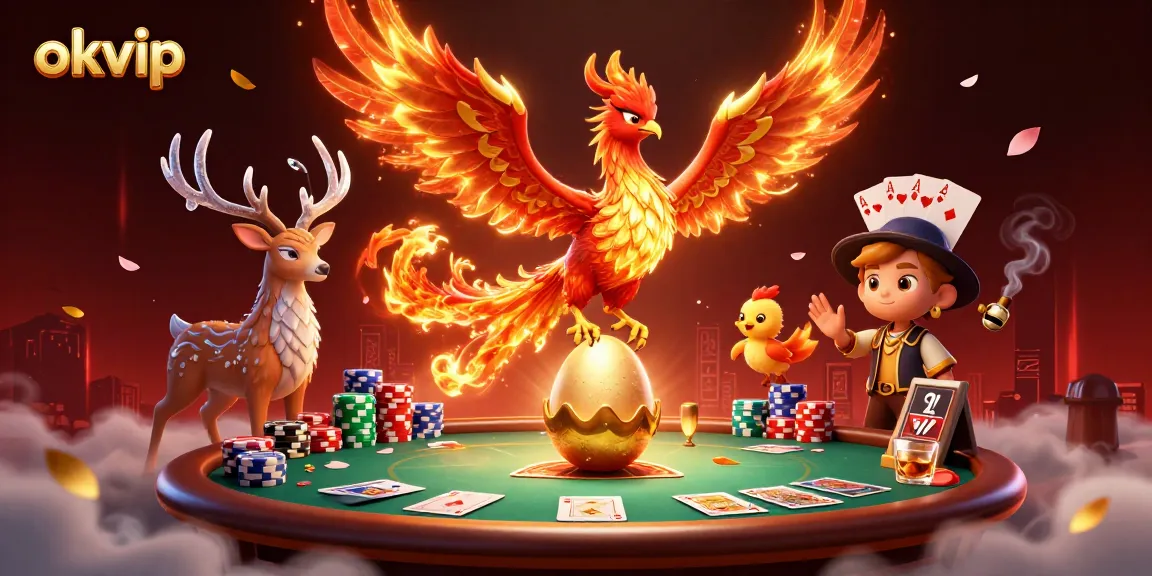 Engage with okvip's vibrant online gaming scene featuring dynamic poker elements and animated phoenix characters.