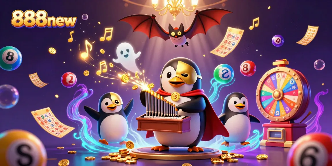 Experience the thrill of 888new as a whimsical penguin conducts a magical casino with vibrant elements.