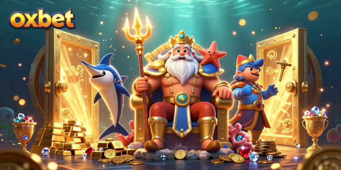 Experience the excitement of oxbet with Neptune and treasures in this vibrant 3D casino scene.