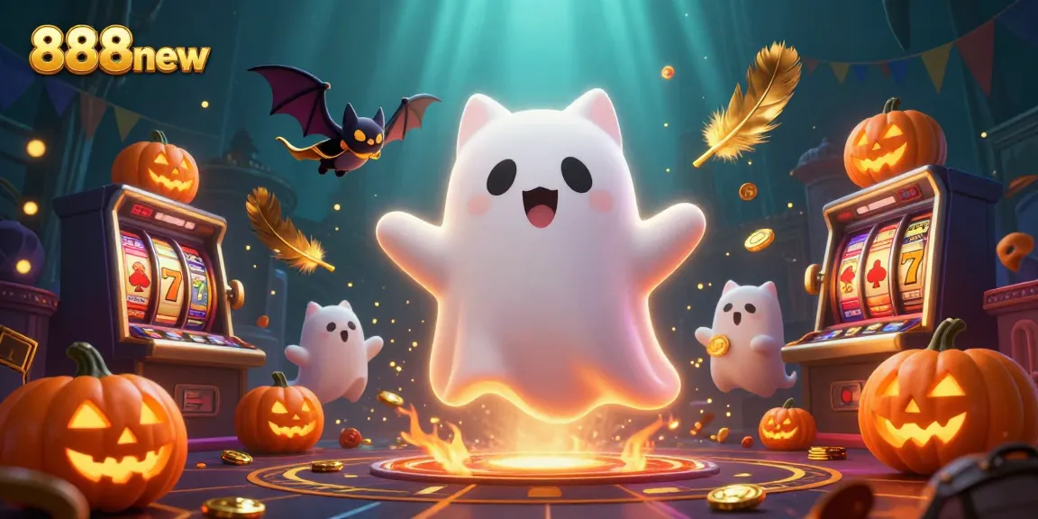 Win big with exciting games at 888new, featuring a dazzling casino scene filled with ghostly characters.