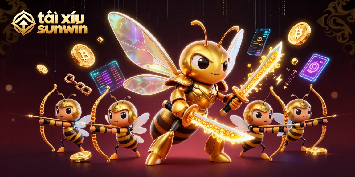 Tài xỉu sunwin showcases a dynamic 3D illustration of a golden hornet samurai engaging in playful gaming action.