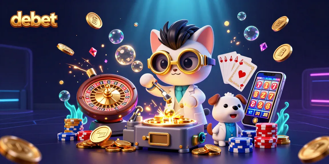 Debet's mad scientist cat creates gold with sparkling casino elements in a vibrant 3D scene.