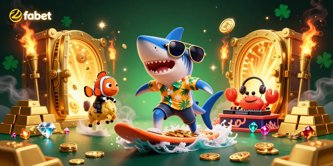 Engage with fabet's vibrant 3D casino-themed scene featuring animated marine characters and treasures.