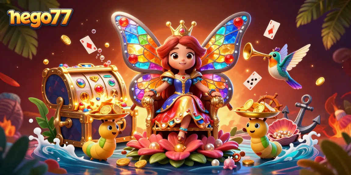 Nego77 showcases an enchanting casino scene with a butterfly queen and extraordinary jackpot elements.