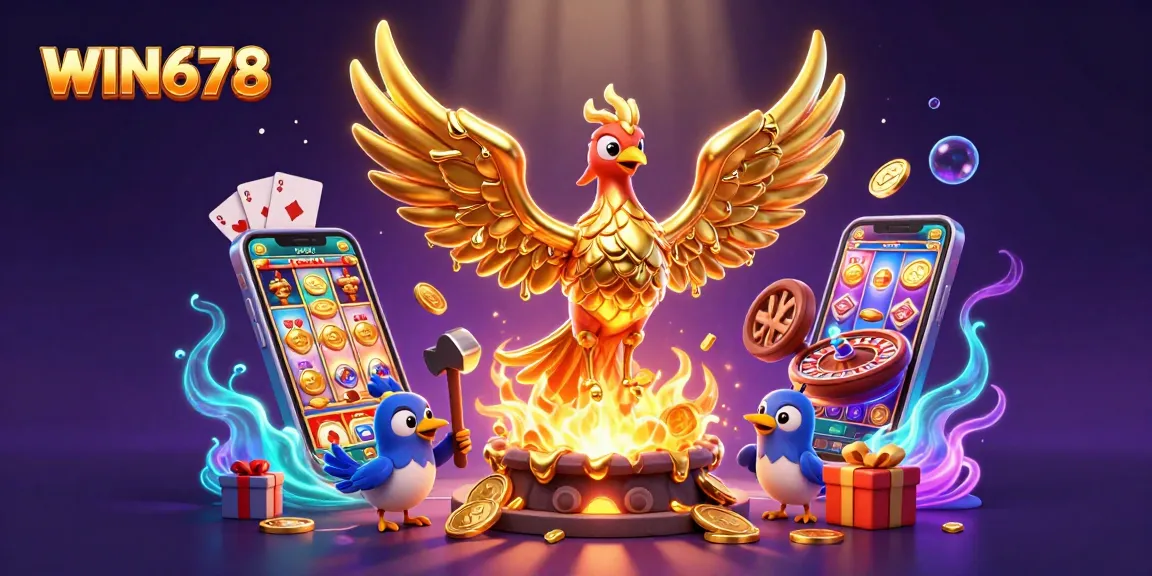 WIN678 slots action with a golden phoenix and gambling elements, showcasing vibrant casino energy.