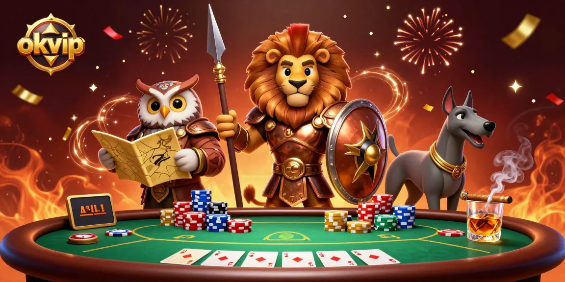Experience the thrill of okvip with vibrant poker action featuring a heroic lion, owl strategist, and swift greyhound!