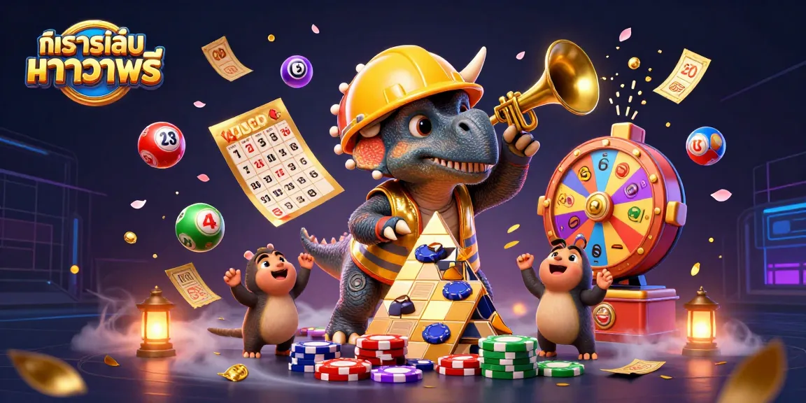 ทดลองเล่นบาคาร่าฟรี and fun-filled casino celebration with dinosaurs, poker chips, and colorful lottery elements