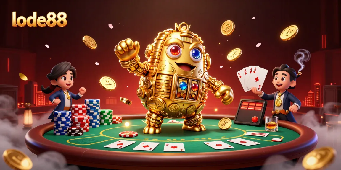 Experience the vibrant world of lode88 with a golden golem and poker elements in this dynamic casino scene.