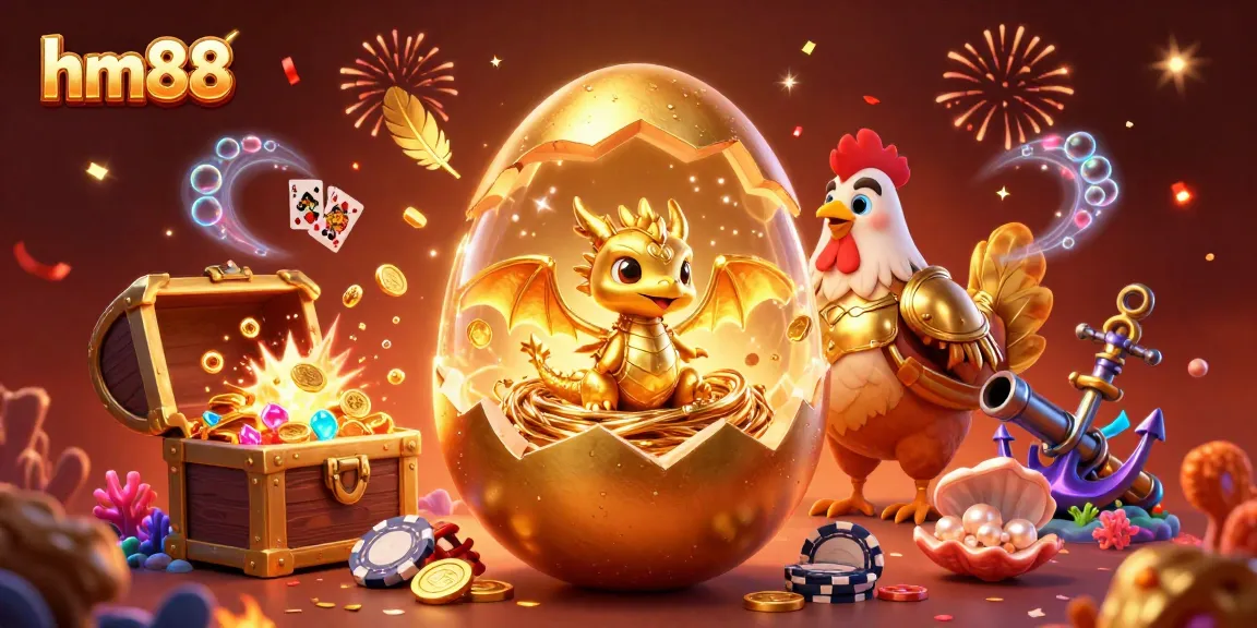 Experience the thrill of hm88 with this vibrant illustration showcasing golden characters and dynamic casino elements.