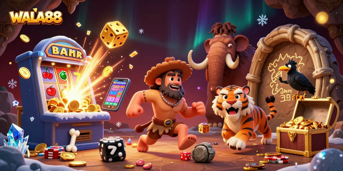 Experience the excitement of WALA88 with a vibrant 3D cartoon casino scene featuring prehistoric characters and dynamic game elements.
