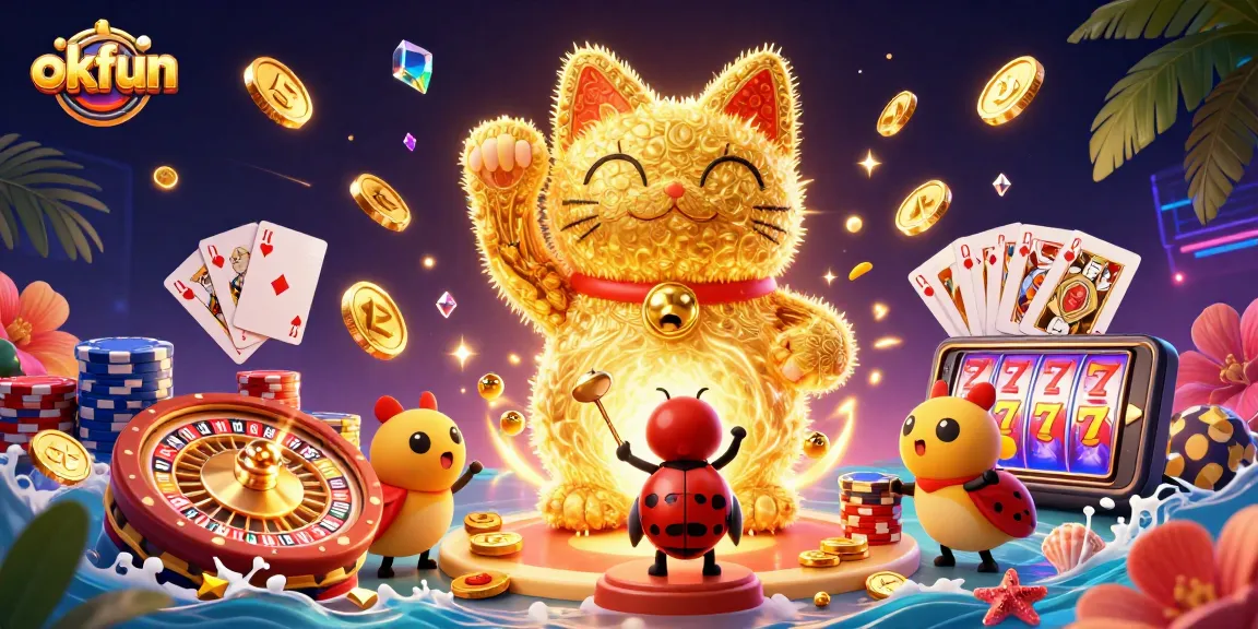 Spin and win with okfun's dynamic golden lucky cat surrounded by casino treasures!